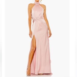 Ieena for Mac Duggal Side Ruched Satin Halter Gown